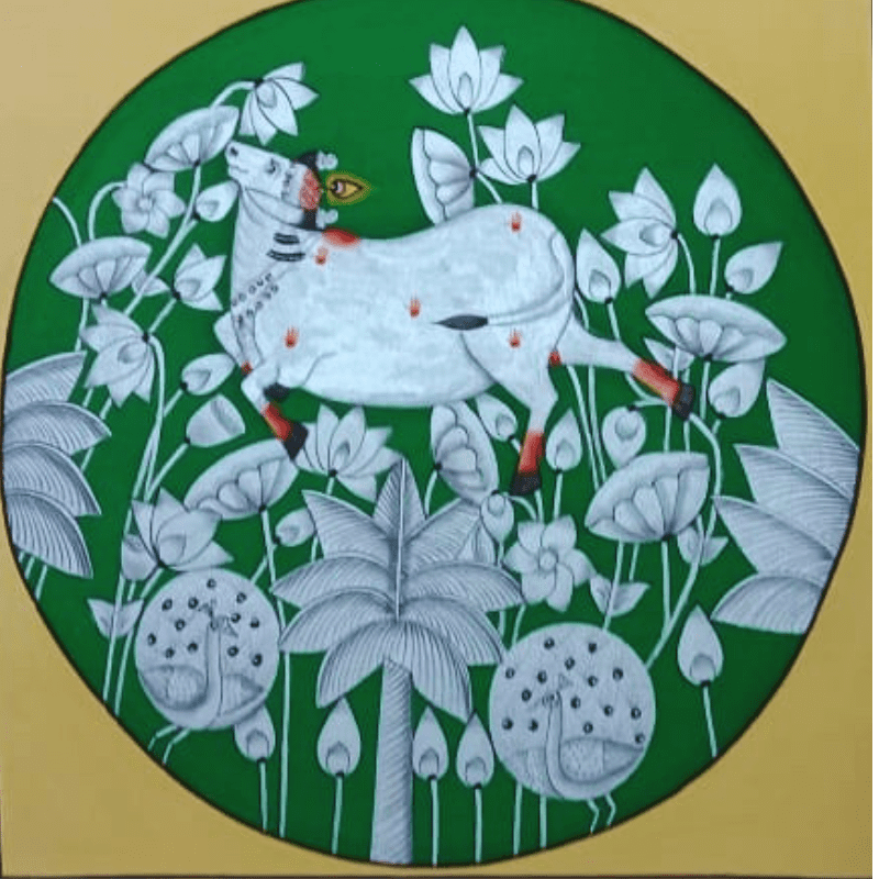 Divine Kamdhenu Cow Pichwai Painting with Green Background
